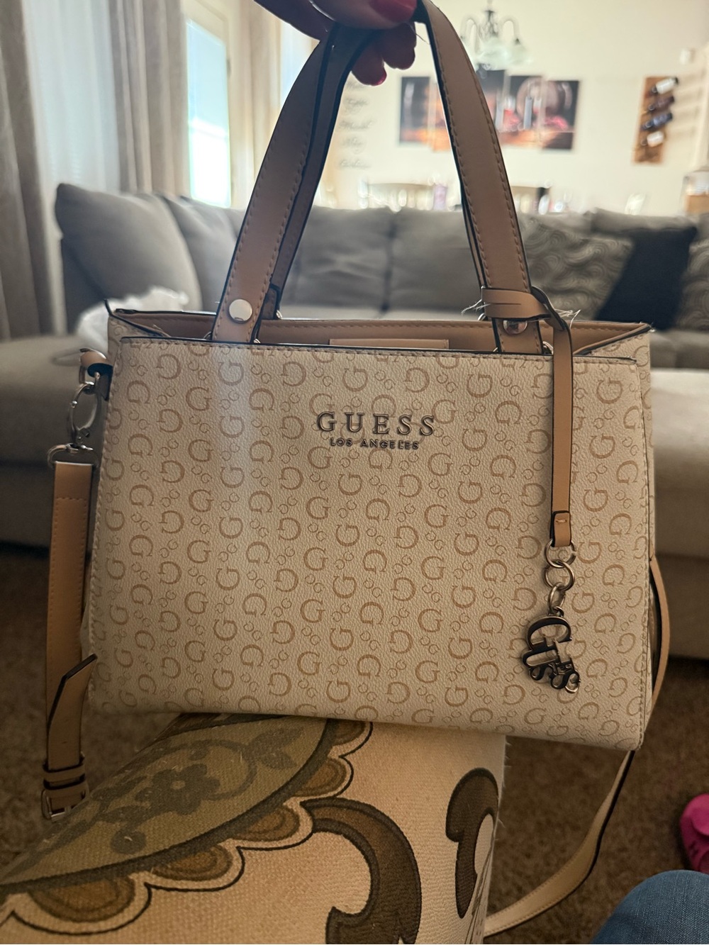 GUESS Beige Logo Tote with Charm and Removable Strap
